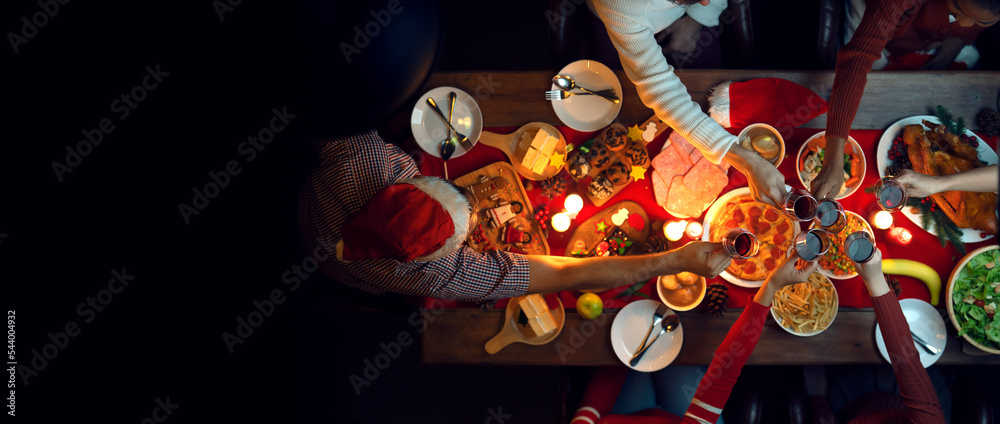 Top view of Table of roast turkey and food in christmas and new year party of American family at home