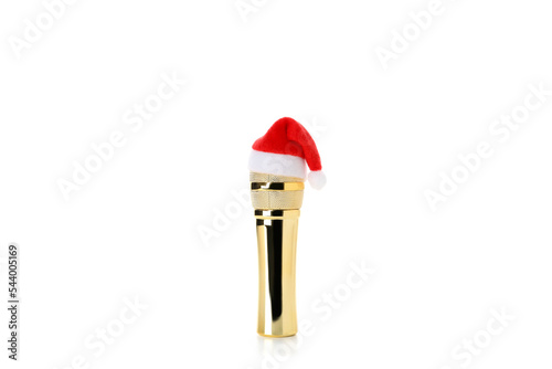 Microphone with Santa hat isolated on white background