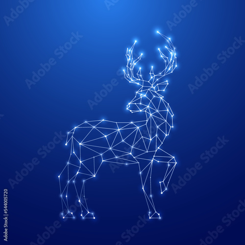 Geometric Deer silhouette. Image of Reindeer in the form of constellation on blue background. Deer clattering hoof. Vector illustration.