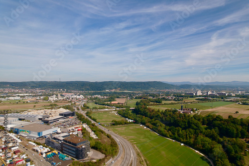 Aerial view of City of Pratteln, Canton Basel-Landschaft, on a sunny summer day. Photo taken August 24th, 2022, Pratteln, Switzerland. photo