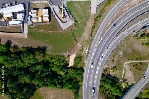 Aerial view of tents and highway at Pratteln, Canton Basel-Landschaft, on a sunny summer day. Photo taken August 24th, 2022, Basel, Switzerland. photo