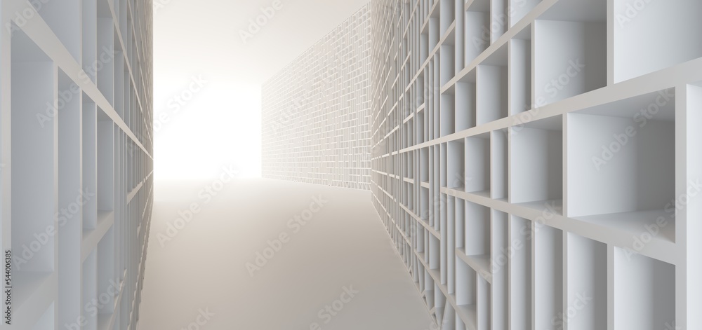 Luxury white abstract architectural minimalistic background. Contemporary showroom. Modern exhibition stand. Empty gallery. Backlight. Polygonal Graphic Design. 3D illustration and rendering.