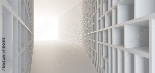 Luxury white abstract architectural minimalistic background. Contemporary showroom. Modern  exhibition stand. Empty gallery. Backlight. Polygonal Graphic Design. 3D illustration and rendering.