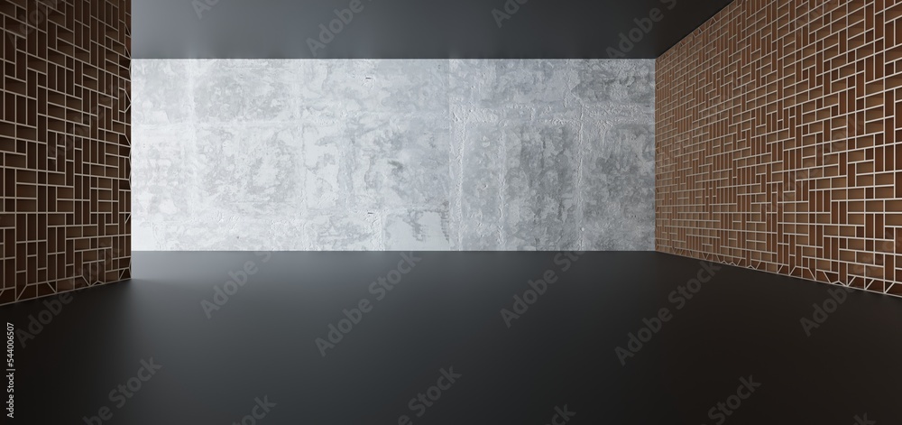 Luxury parametric abstract architectural minimalistic background. Contemporary showroom. Modern black exhibition tunnel. Empty gallery. Stand, table. Interior backlight. 3D illustration and rendering