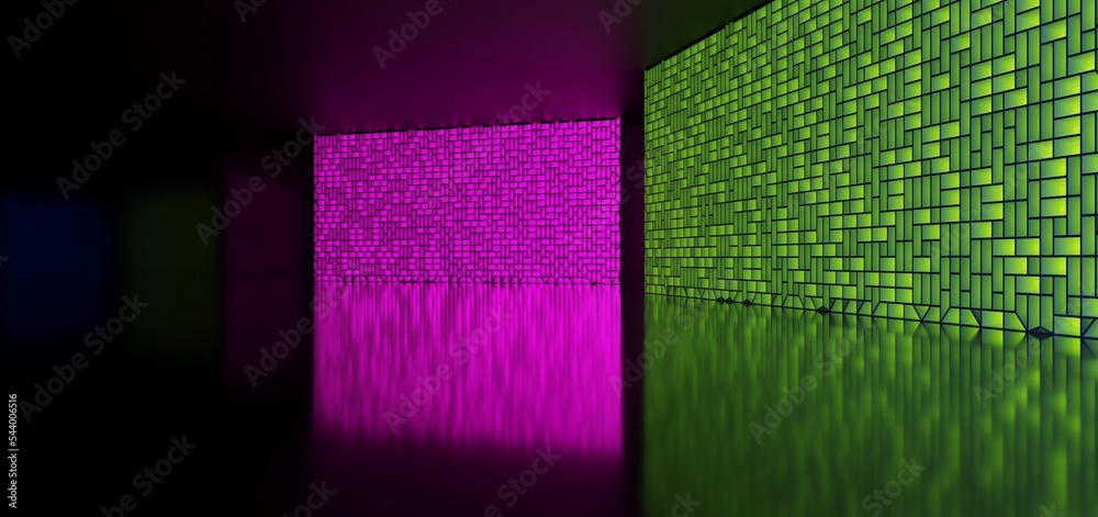 Abstract architectural minimalistic background. Laser show in the ultraviolet spectrum. Modern impulse tunnel. Futuristic space sci-fi frame neon backlight. 3D illustration and rendering.
