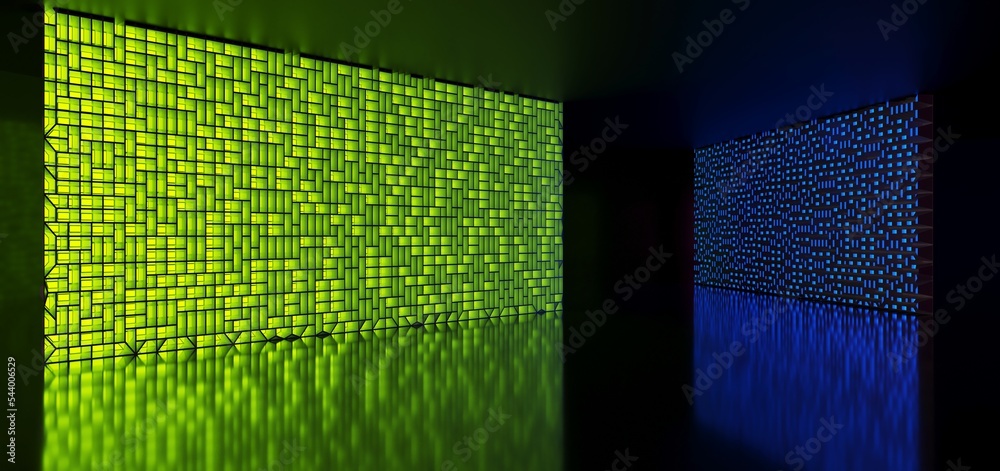 Abstract architectural minimalistic background. Laser show in the ultraviolet spectrum. Modern impulse tunnel. Futuristic space sci-fi frame neon backlight. 3D illustration and rendering.