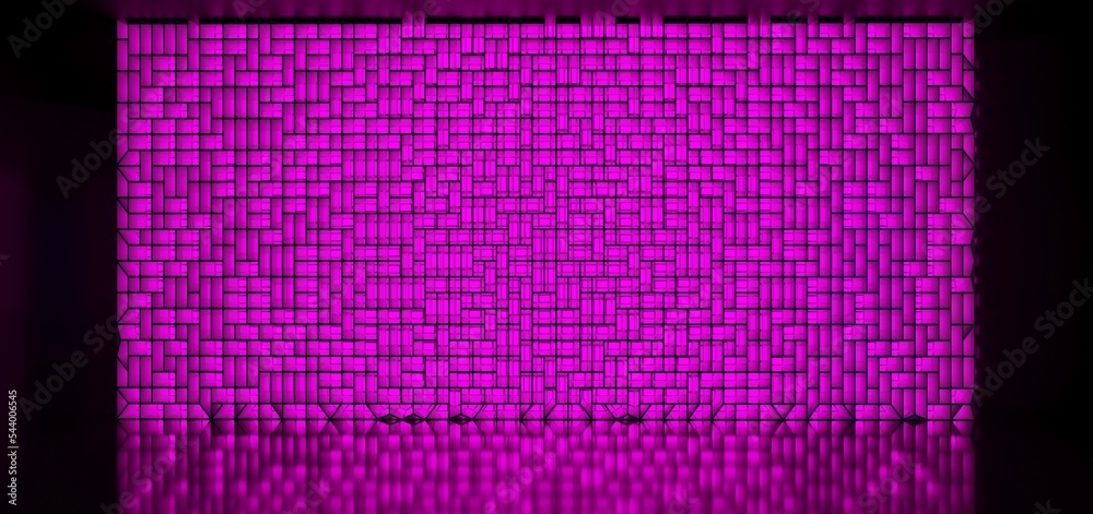 Abstract architectural minimalistic background. Laser show in the ultraviolet spectrum. Modern impulse tunnel. Futuristic space sci-fi frame neon backlight. 3D illustration and rendering.