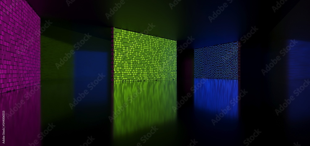 Abstract architectural minimalistic background. Laser show in the ultraviolet spectrum. Modern impulse tunnel. Futuristic space sci-fi frame neon backlight. 3D illustration and rendering.