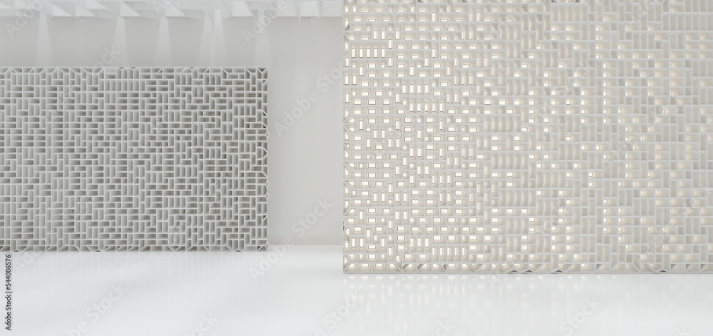 Luxury white abstract architectural minimalistic background. Contemporary showroom. Modern exhibition stand. Empty gallery. Backlight. Polygonal Graphic Design. 3D illustration and rendering.