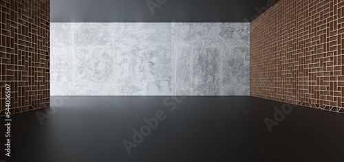 Obraz na płótnie Luxury parametric abstract architectural minimalistic background. Contemporary showroom. Modern black exhibition tunnel. Empty gallery. Stand, table. Interior backlight. 3D illustration and rendering w salonie