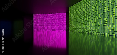 Obraz na płótnie Abstract architectural minimalistic background. Laser show in the ultraviolet spectrum. Modern impulse tunnel. Futuristic space sci-fi frame neon backlight. 3D illustration and rendering. w salonie