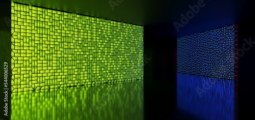 Obraz na płótnie Abstract architectural minimalistic background. Laser show in the ultraviolet spectrum. Modern impulse tunnel. Futuristic space sci-fi frame neon backlight. 3D illustration and rendering. w salonie