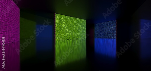 Obraz na płótnie Abstract architectural minimalistic background. Laser show in the ultraviolet spectrum. Modern impulse tunnel. Futuristic space sci-fi frame neon backlight. 3D illustration and rendering. w salonie