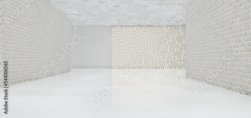Obraz na płótnie Luxury white abstract architectural minimalistic background. Contemporary showroom. Modern exhibition stand. Empty gallery. Backlight. Polygonal Graphic Design. 3D illustration and rendering. w salonie
