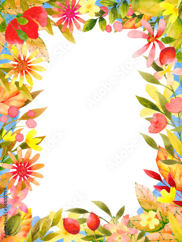 Autumn flowers leaves watercolor template for cards greetings invitations. Hand drawn colorful floral frame on transparent background. Bright blooming copy space design. Botanical fall seasonal blank.