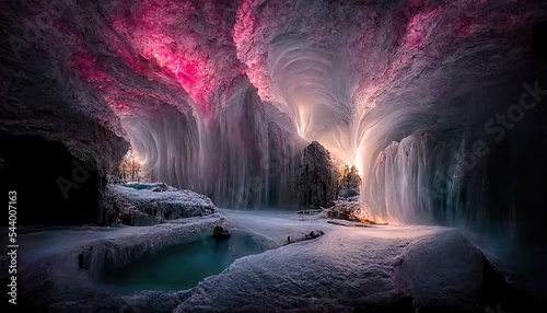 Fotografia Dark cave with magical colorful neon light