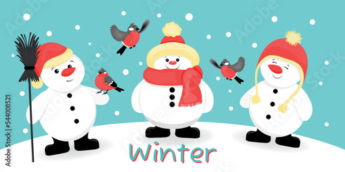 Winter design. Cute snowmen with bullfinches, vector illustration for postcard, cover, packaging, banner, poster