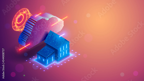 Smart home technology system concept banner. Home consists digits and connected with domestic smart devices through cloud storage. Digital control system of smart house. IOT and Cloud computing tech.