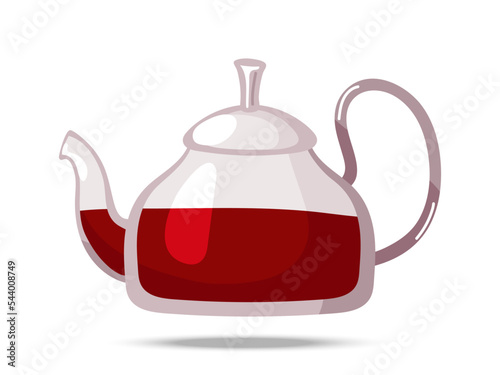 Glass teapot with tea. Tea brewed in kettle. Hand drawn Flat vector illustration on white background. Kitchen utensils. Tea party and teatime concept for banner, website, social media, flyer.