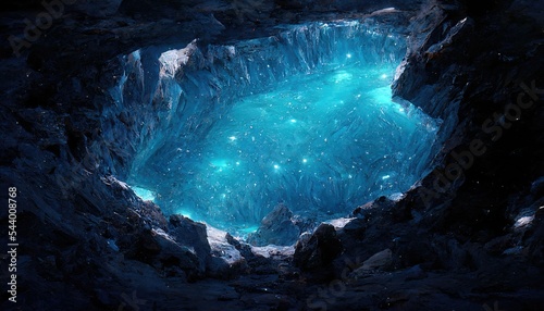 Dark ice cave, magical light, portal. Ice walls, glow. A cut of a stone. Fantasy abstract night dark landscape of a cave in the mountains. Blue neon.