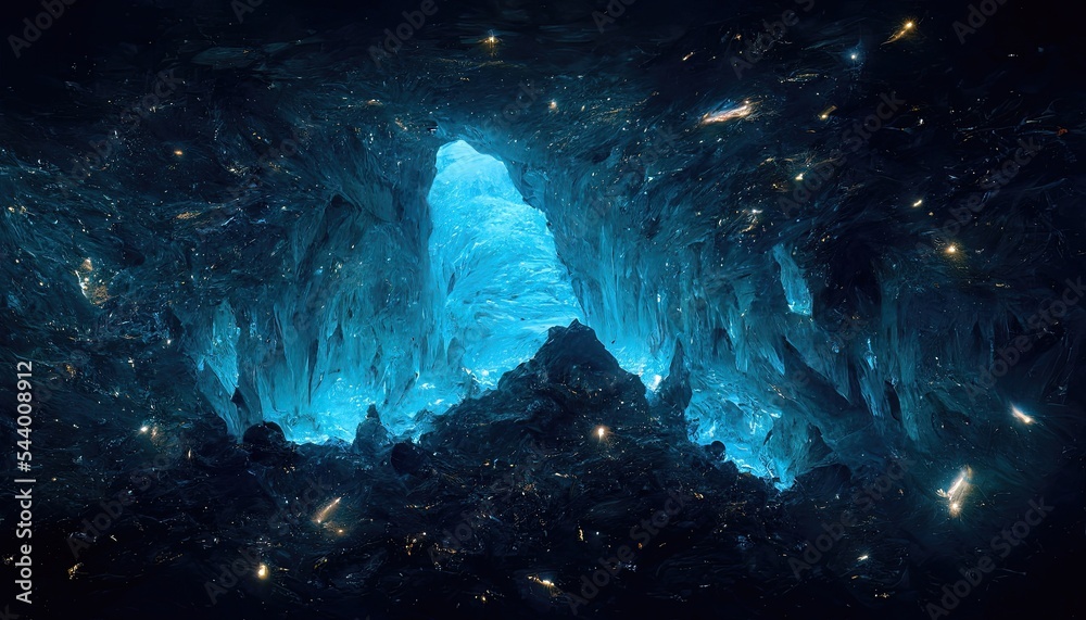 Dark ice cave, magical light, portal. Ice walls, glow. A cut of a stone. Fantasy abstract night dark landscape of a cave in the mountains. Blue neon.