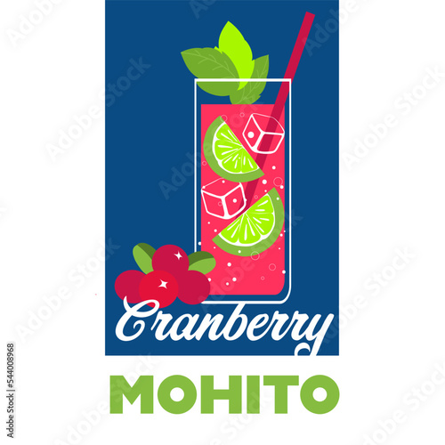 Glass of Cranberry Mojito cocktail with a cocktail straw, slices of lime, ice cubes and cranberries flat vector illustration