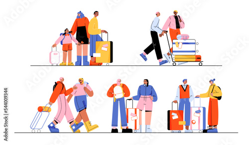 People travel with suitcases and backpacks. Couples, friends and family with kid standing with luggage. Diverse characters go in journey, vector cartoon illustration