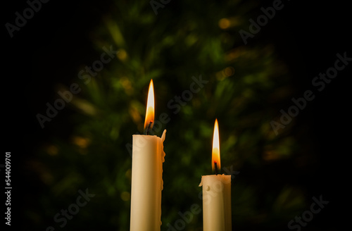 Light of white candles with Christmas tree against black background