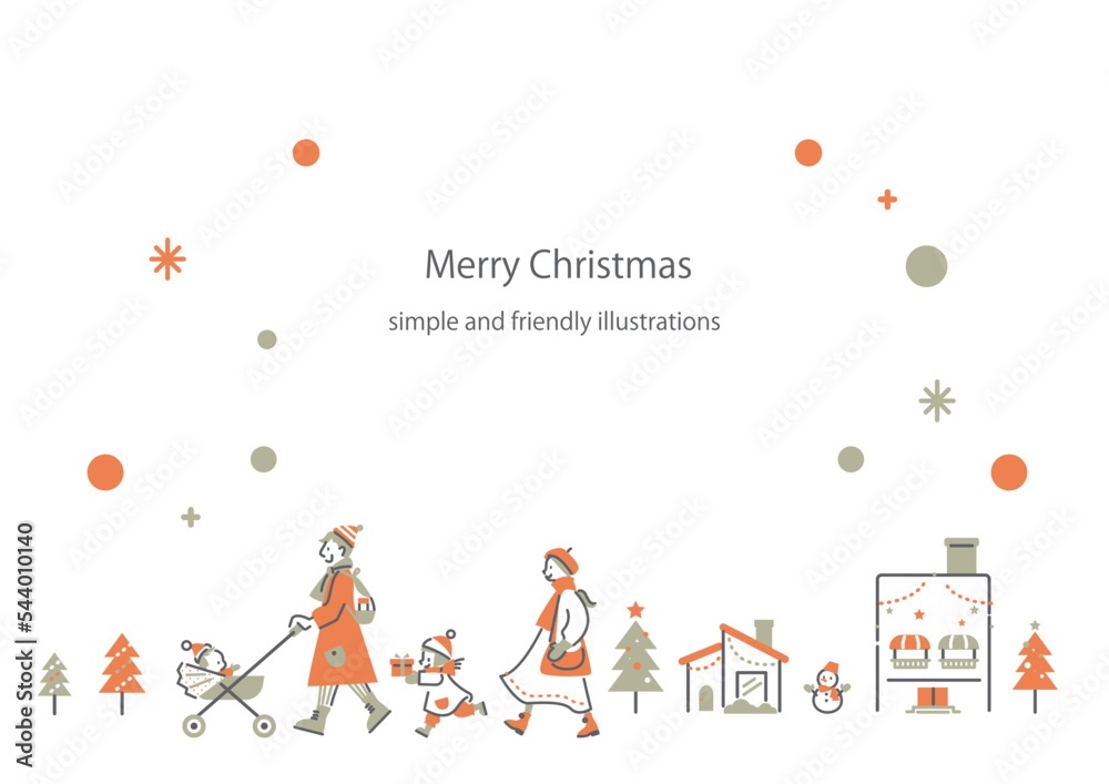Fototapeta premium クリスマスシーズンに街を散歩をする家族 シンプルでお洒落な線画イラスト