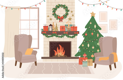 Cozy living room decorated for the Christmas and New Year.  ..Winter holidays interior with Xmas tree, fireplace, armchairs, gifts, garland. Flat vector illustration