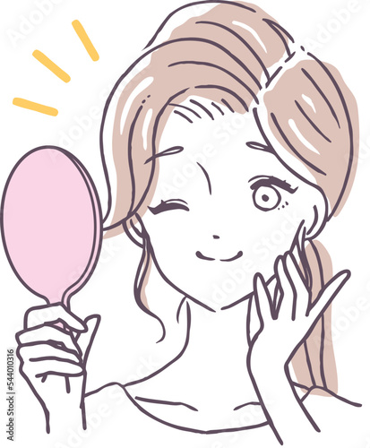 手鏡に向かってウインクする若い女性のイラスト素材