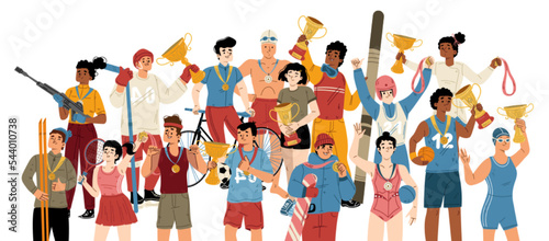 Multiethnic winner athletes with golden cups and medals. Flat vector illustration of happy hockey, basketball, tennis, cycling, skiing, swimming sports characters with awards celebrating victory