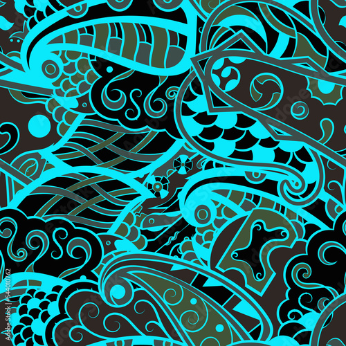 Tracery seamless pattern. Mehndi design. Dark sharp colors. 6 colors. Ethnic doodle texture. Curved doodling background. Vector