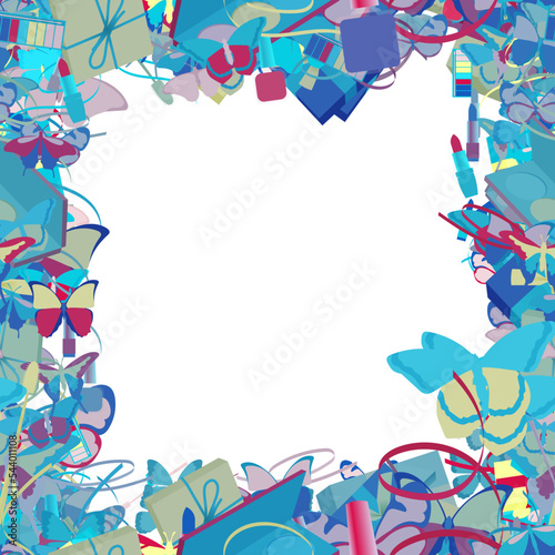 Background pattern abstract seamless design texture. Border frame, transparent background. Theme is about art, toiletry, irregular, delicate, ribbon, tones, maquillage, cosmetology, cosmetics