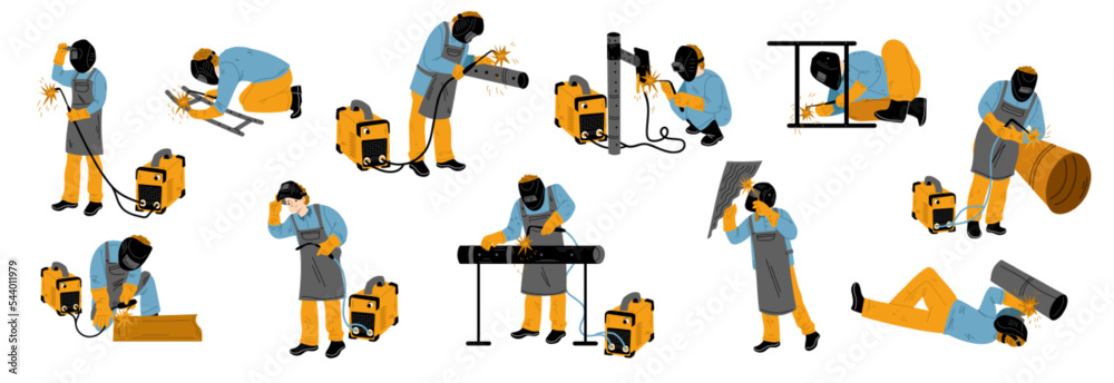 Fototapeta premium Welder at work, flat vector illustration set. Male characters in uniform and protective mask welding metal pipes, sitting, standing, lying, using equipment isolated on white background. Occupation