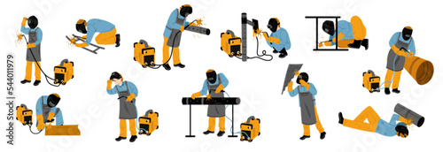 Welder at work, flat vector illustration set. Male characters in uniform and protective mask welding metal pipes, sitting, standing, lying, using equipment isolated on white background. Occupation photo