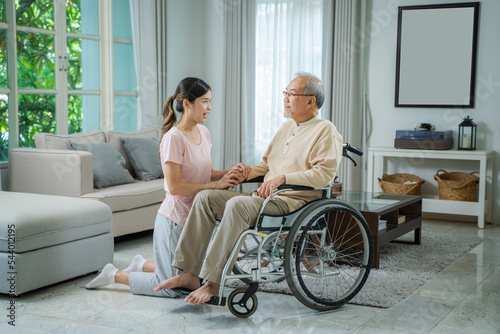 Affectionate grown up daughter embrace retired senior dad sharing optimism positive emotions,daughter dreaming together of good happy future long healthy life,life insurance concept.