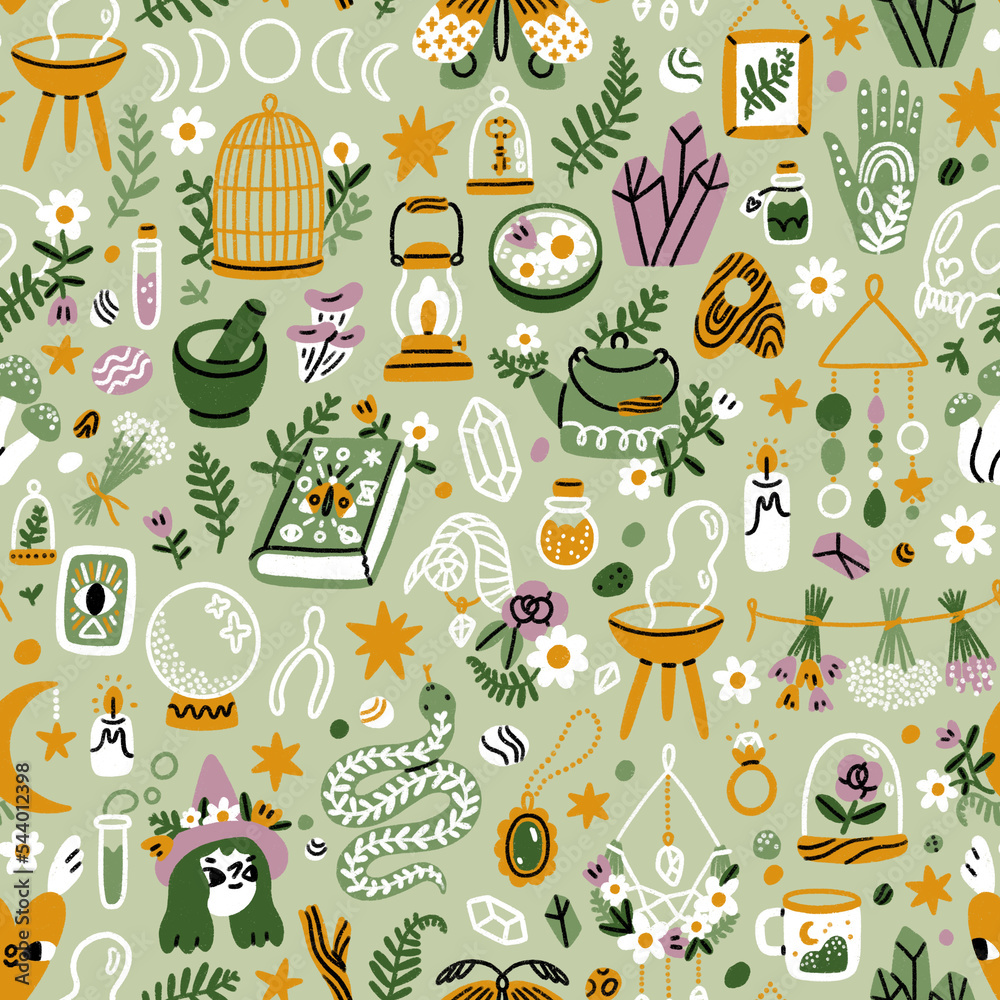 Green witch aesthetic pattern illustration Stock Illustration | Adobe Stock