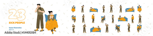 Sick people with cold, flu, headache, stomachache, allergy and throat pain. Ill man and woman characters cough and sneeze at home, vector hand drawn illustration isolated on white background