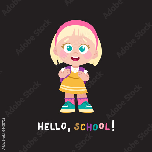 Cute little school girl with backpack. Vector cartoon character with 1 September and school theme. Smiling kid in school uniform.
