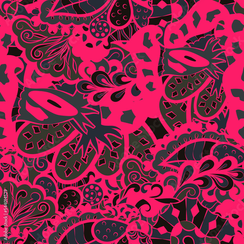 Tracery seamless pattern. Mehndi design. Dark sharp colors. 6 colors. Ethnic doodle texture. Curved doodling background. Vector