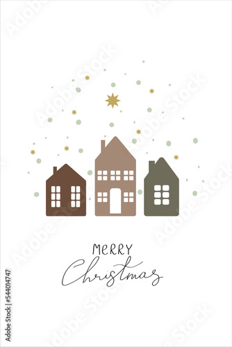 Greeting card with winter houses and Merry Christmas inscription. Vector illustration in flat style. Holiday design for greeting card, invitation, cover, calendar, etc.