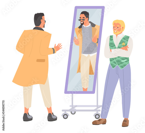Fashion stylist working with client flat vector