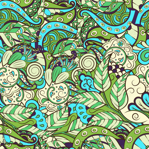 Tracery seamless pattern. Mehndi design. 7 colors. Ethnic doodle texture. Curved doodling background. Vector