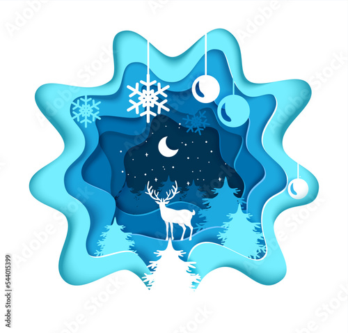 Winter vector reindeer in forest 3d paper cut art
