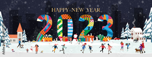 Vector Happy New Year 2023 with Winter landscape in city with polar bear,rabbit,people celebrating on Christmas Eve.Winter wonderland in the town with kids sledding and skating in the city park