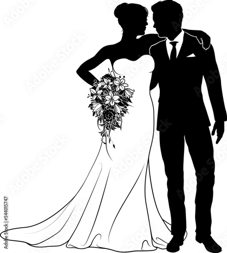 Bride and groom couple silhouettes. Woman in a bridal wedding dress