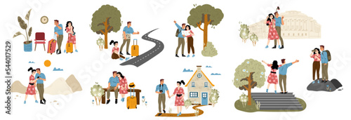 Man and woman tourists travel together. People with suitcase and backpack going to journey, hitchhiking, take photo of landmarks and selfie. Happy couple in honeymoon trip, vector illustration
