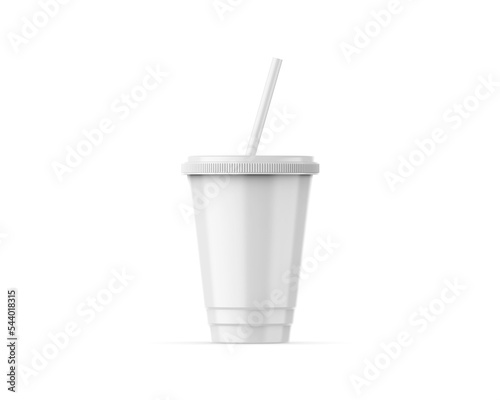 Blank disposable plastic cup with straw mockup on isolated white background, 3d render illustration.