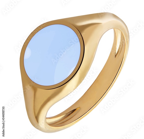 Gold ring with a blue matte stone isolated on a white background.